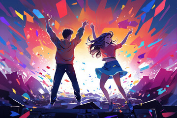Fototapeta na wymiar Illustration of girl and boy dancing at a rave neon party