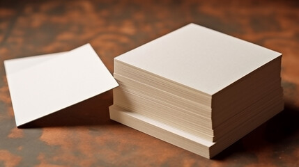 stack of white blank business cards on brown wooden surface