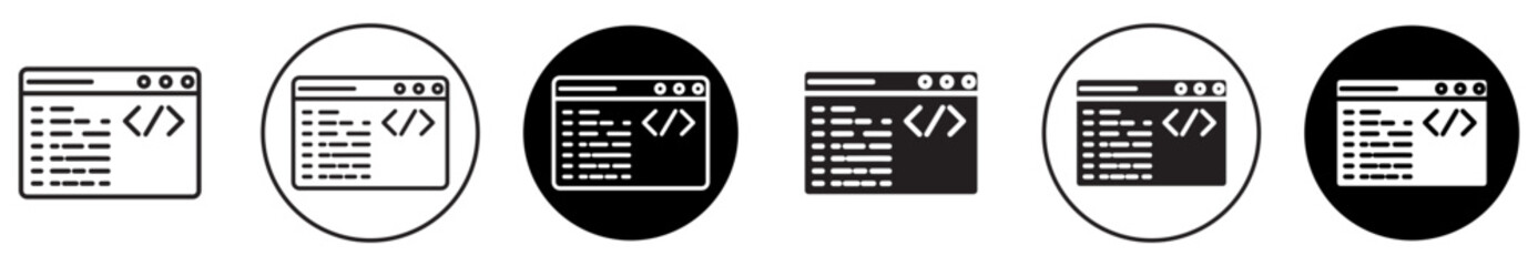 coding icon set. java script developer sign. web program metadata source code vector symbol. simple html code web page icon set in black filled and outlined style.