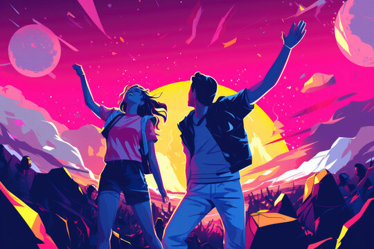 Illustration of girl and boy dancing at a rave neon party
