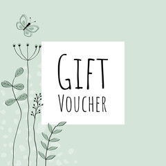Gift Voucher - Schriftzug in englischer Sprache - Geschenkgutschein. Coupon mit liebevoll gezeichneten Blumen und Schmetterling in hellen Grüntönen.