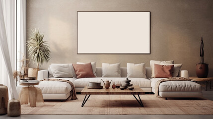 Stylish living room interior with mock up poster frame