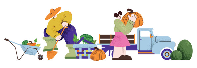 Obraz premium Farmer gathering vegetable harvest set. Garden agriculture horticulture autumn crop collection. Harvesting agrarian people doing farming job. Man woman working together in garden