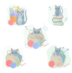 Vector illustration with cute other cat character isolated on white background. Flat art clipart of cats with ball of yarn, knitting basket, books for web, postcard, banner. Cute cat set