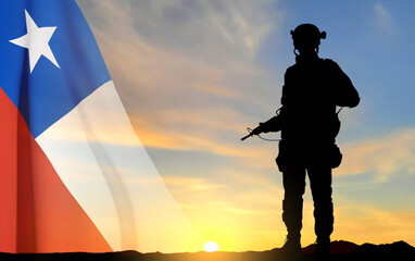 Fototapeta na wymiar Silhouette of a soldier with Chile flag against the sunset. EPS10 vector