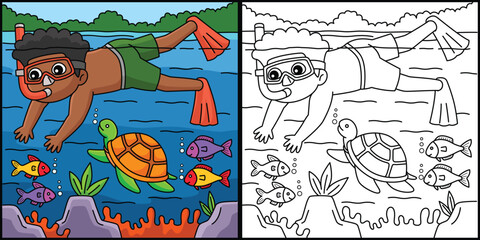 Boy Snorkeling Summer Coloring Page Illustration