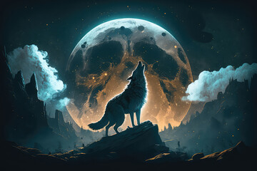 Digital illustration art painting a wolf howling in the wild, big fool moon and clouds is background. terrible, horror lonely, scary, creepy concept. (ai generated) - obrazy, fototapety, plakaty