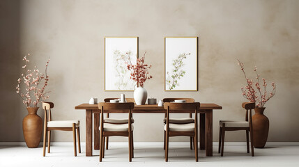 The interior of a modern Scandinavian-style dining room with empty frames on the wall