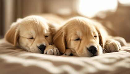 Golden retriever puppies sleeping cuddling napping. Cute friends together.