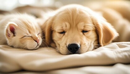 Golden retriever dog sleeping cuddling napping with kitten.