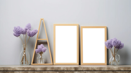 Three photo mockup frames and bouquet of lilac blossoms on the shelf. Clipping path included