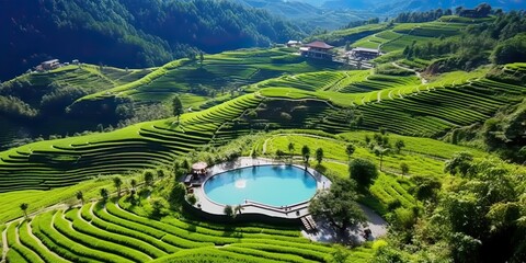 AI Generated. AI Generative. Vacation adventure top aerial view drone swomming pool on tropical paradise green hill field background. Can be used for luxury resort promotion