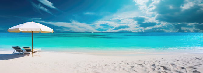 Sunlit Sandy Beach with Turquoise Sea, Umbrella, and Chair