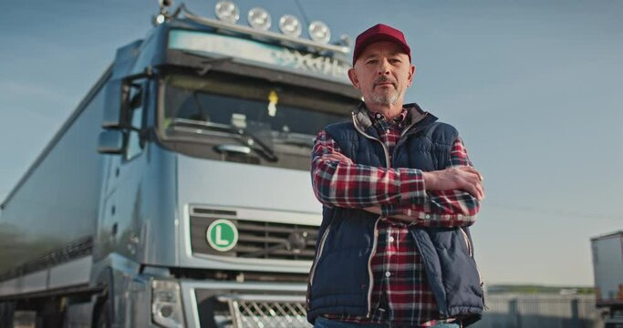 Adult man looking at camera and posing with crossed arms. Concept of ordinary professions. Mature truck driver in red cap standing outside on background of truck cars. Worker at workplace.