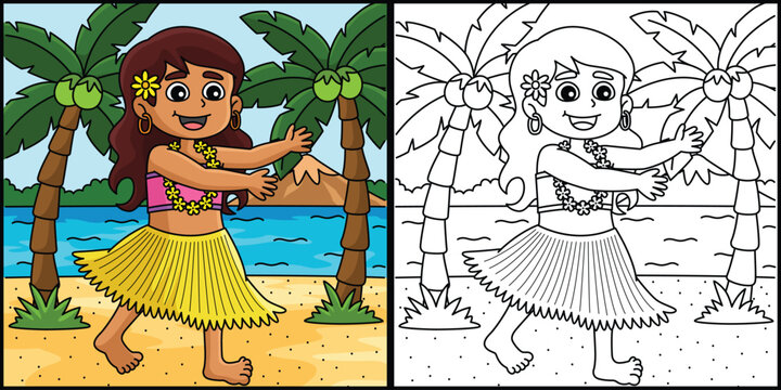 Girl doing the Hawaiian Dance Summer Illustration