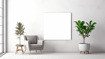 White living room interior with seat and commode with canvas mockup decoration. One copy space canvas frame