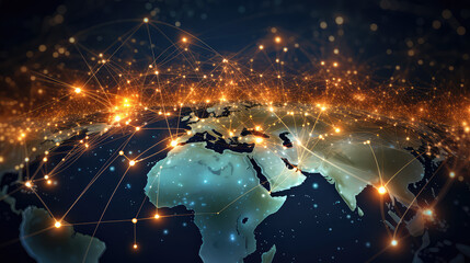 Obraz premium Orange Global network connection concept. Big data visualization. Social network communication in the global computer networks. Internet technology. Business. Science. 3d illustration (ai generated)