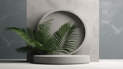 White marble podium with big green leaves