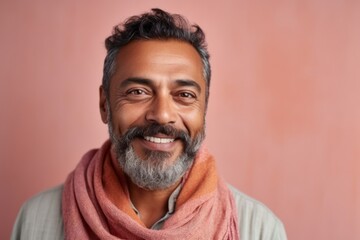 Obraz premium Medium shot portrait of an Indian man in his 40s against a pastel or soft colors background wearing a foulard