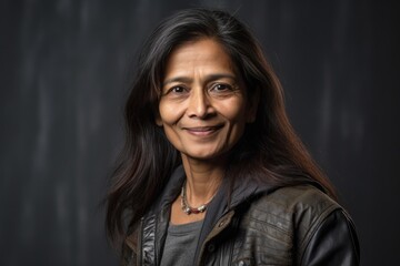 Portrait of a smiling middle-aged woman wearing a leather jacket