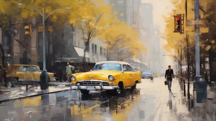 Foto op Canvas oil painting on canvas, street view of New York, yellow taxi, modern Artwork, American city, illustration New York (ai generated) © ImagineDesign