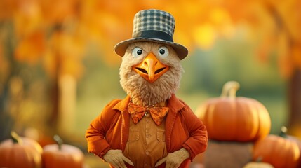 Funny fluffy bird toy with bow tie and hat with pumpkins. Blurred fall foliage background. Humorous concept of Halloween and Thanksgiving