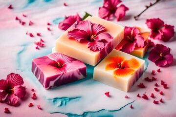 Handmade hibiscus soap on a watercolor background