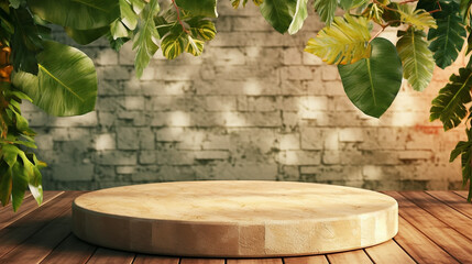 Wooden round podium product display in tropical lush forest background with palm leaves and shadows