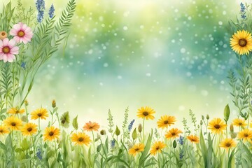 Meadow flowers, wild grasses, leaves. Repeating summer horizontal border. Floral watercolor