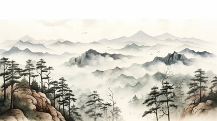 SOFT PASTEL COLORED LANDSCAPE. MOUNTAIN LANDSCAPE WITH FOG. WATERCOLOR ABSTRACT BRUSH PAINTING ART.