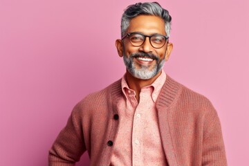 Obraz premium smiling indian senior man in eyeglasses looking at camera