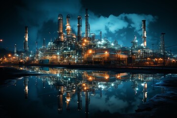 Fototapeta premium oil and gas refinery illuminated at night with neon lights