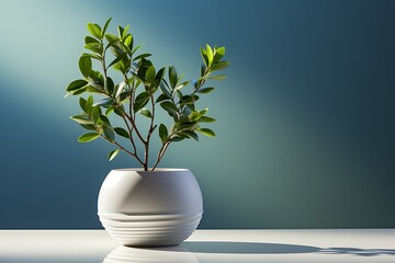 A plant in cute white pot, blue colored wall with sunshine