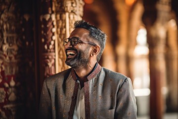 Portrait of a happy mature man with eyeglasses in the mosque