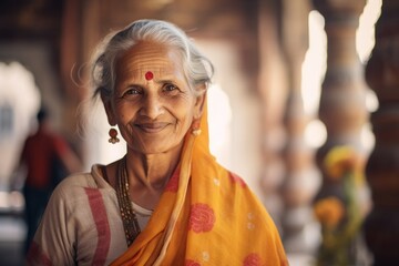 Fototapeta na wymiar Portrait of a senior Indian woman smiling at the camera while standing in a temple