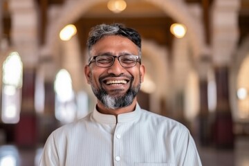 Fototapeta premium Portrait of happy mature Indian man with eyeglasses in mosque