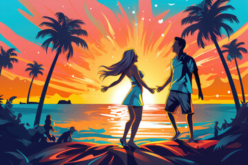 Illustration of girl and boy dancing at a rave party on the beach - obrazy, fototapety, plakaty