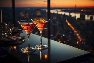 luxury cocktail at a nightclub on the rooftop of a skyscraper - obrazy, fototapety, plakaty