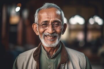Portrait of an old Indian man smiling at the camera in a cafe