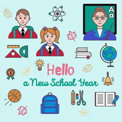 Fototapeta premium School,education supplies icons set in a cartoon style. Books, globe, teacher, students, notebook,pen, pencil, rulers, ball, medal, backpack, bell, atom.