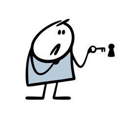 Puzzled man inserts small key into a large keyhole. Vector illustration of a locked door and a sad stickman can not open.