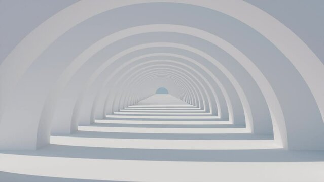 3D render of slow fly camera through white arch passage in day light with sun shadow, 4K seamless loop  abstract architectural live wallpaper