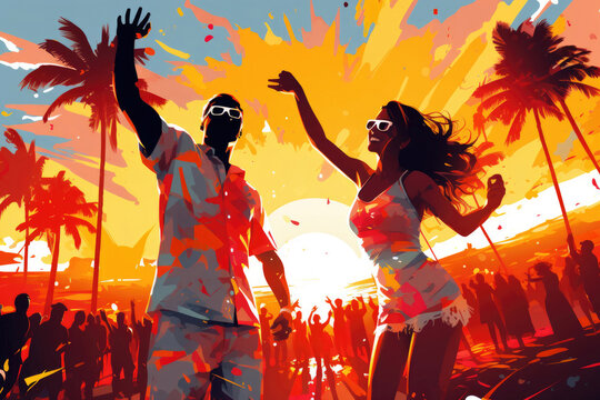 Illustration of girl and boy dancing at a rave party on the beach