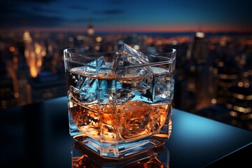 glass of whiskey on the rooftop of a luxury building - obrazy, fototapety, plakaty