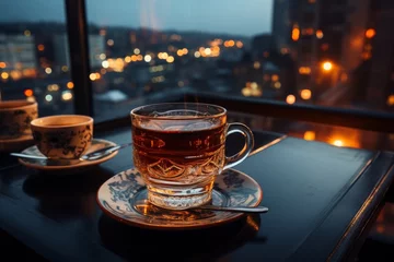 Foto auf Acrylglas cup of hot tea in the evening © jechm