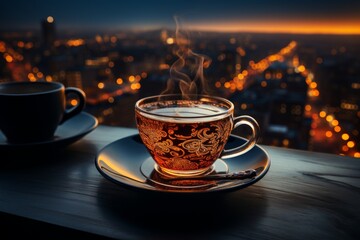 cup of hot tea in the evening - obrazy, fototapety, plakaty