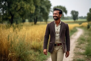Portrait of a handsome indian man wearing a suit in the field.