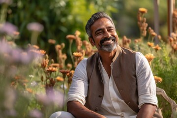 indian senior man sitting in garden smiling and looking at the camera