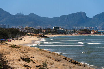 Macumba Beach and Recreio dos Bandeirantes in Rio de Janeiro, Brazil. Pedra do Pontal and Pedra da...