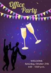 Concept for office party. Dancing positive man and woman, champagne glasses, confetti and flag ribbons.
Vector illustration on a dark blue gradient background.Suitable for invitation, banner, booklet